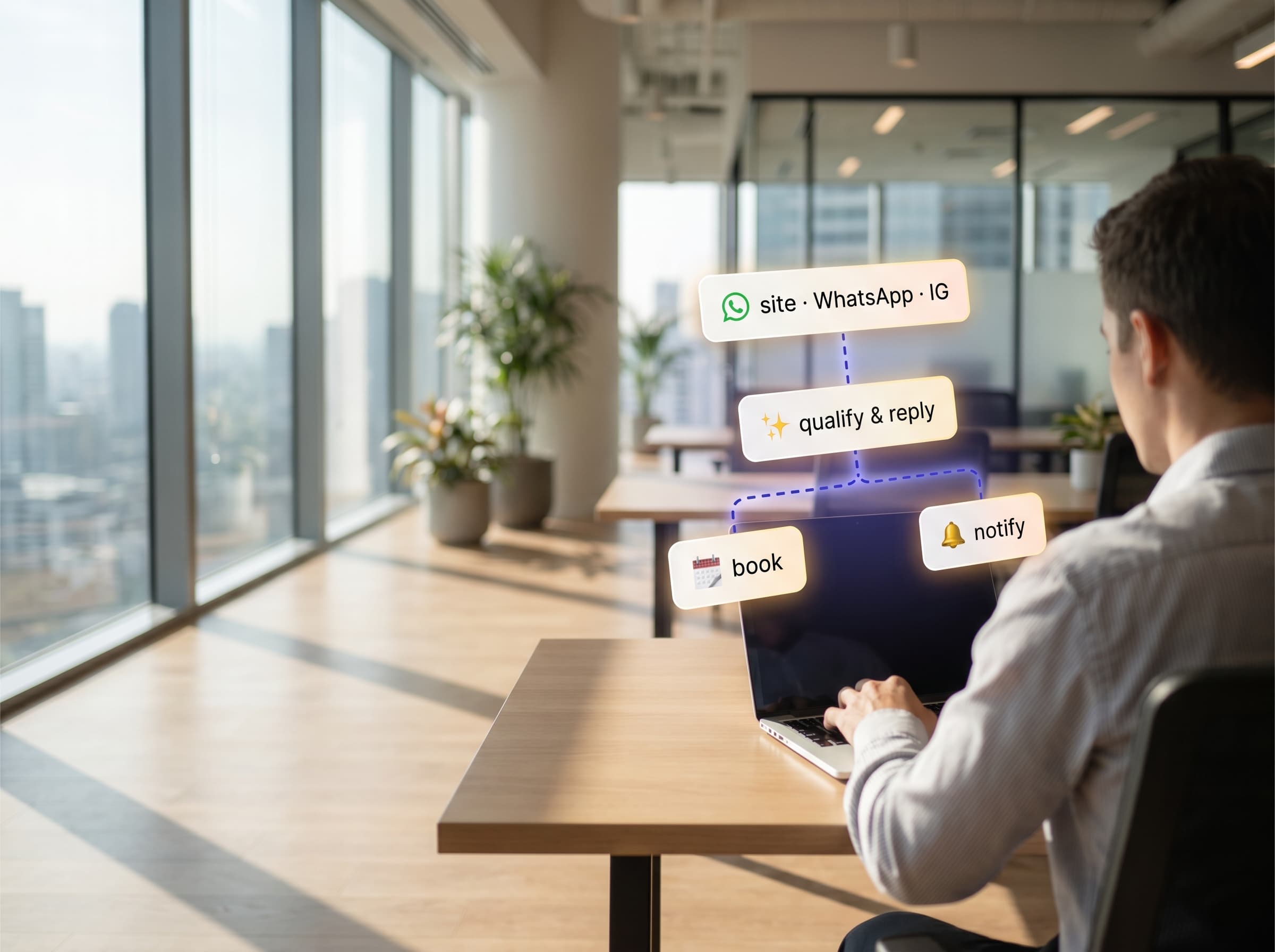 Flusso di automazione: un messaggio da sito, WhatsApp o Instagram viene qualificato e gestito dall'AI, che prenota e avvisa.