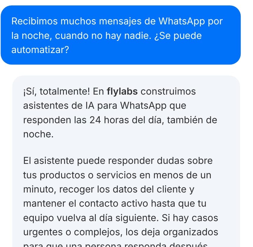 Conversación real con el asistente de flylabs.ai: ante una pregunta sobre los mensajes de WhatsApp de la noche, explica que un asistente de IA puede gestionarlos 24/7.