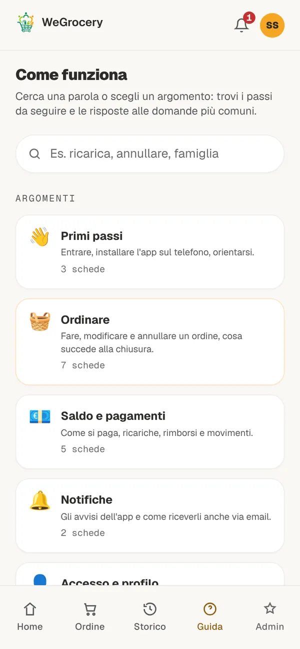 Guida dell'app: casella di ricerca e argomenti come Primi passi, Ordinare, Saldo e pagamenti, Notifiche.