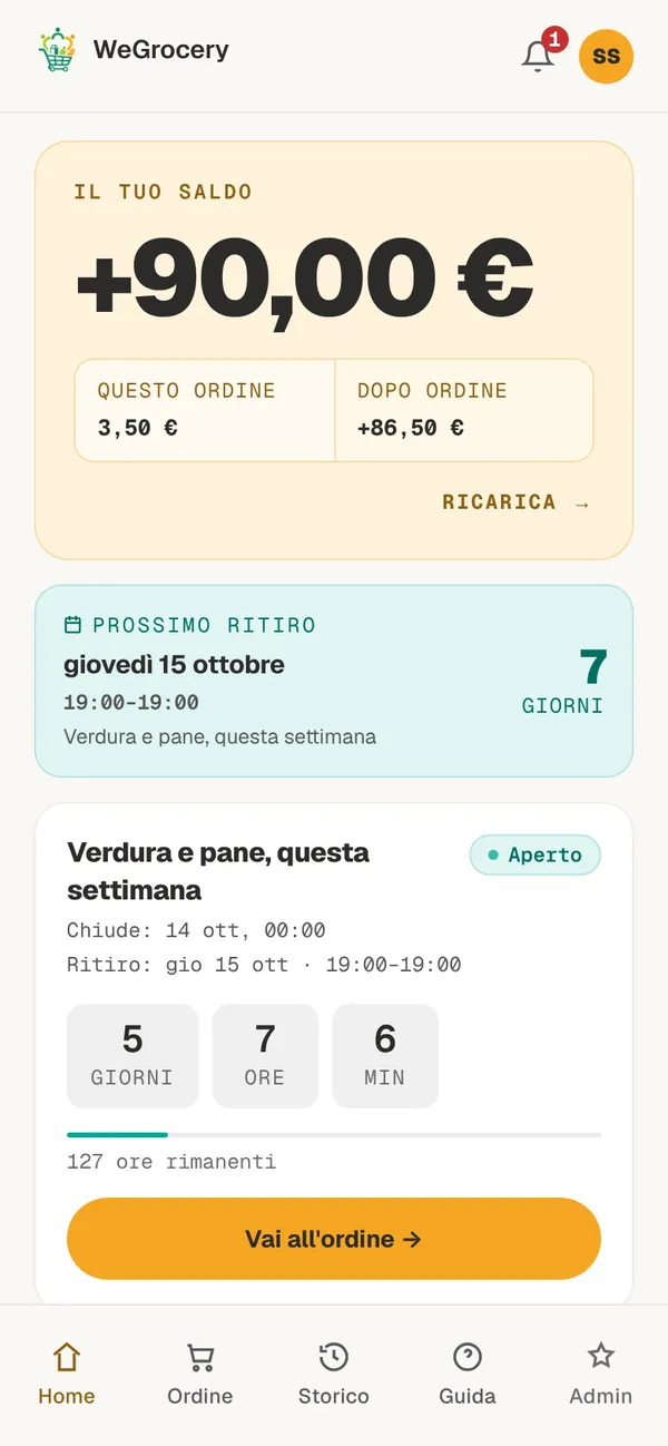 Home del socio: saldo di 90 euro, costo dell'ordine in corso e saldo dopo l'ordine, prossimo ritiro tra 7 giorni.