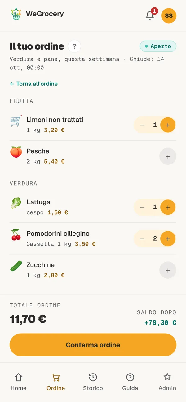 Modulo d'ordine: prodotti per categoria con i pulsanti più e meno, totale dell'ordine e saldo dopo l'ordine.