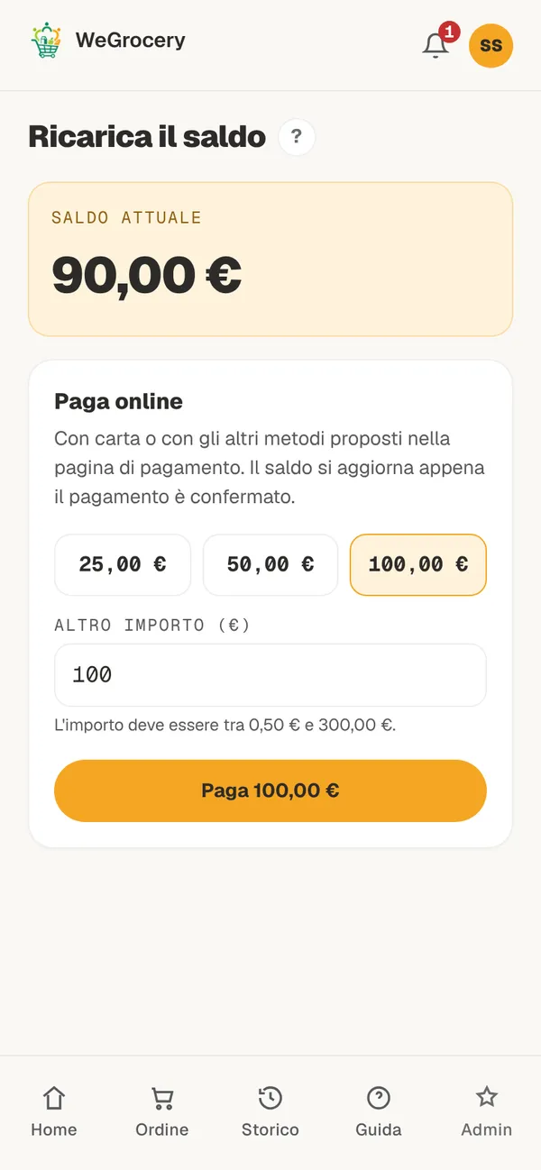 Pagina Ricarica il saldo: importi rapidi da 25, 50 e 100 euro e il pulsante Paga che apre il pagamento Stripe.