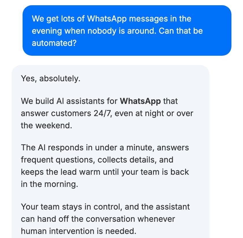 Real conversation with the flylabs.ai assistant: asked about evening WhatsApp messages, it explains they can be handled 24/7 by an AI assistant.