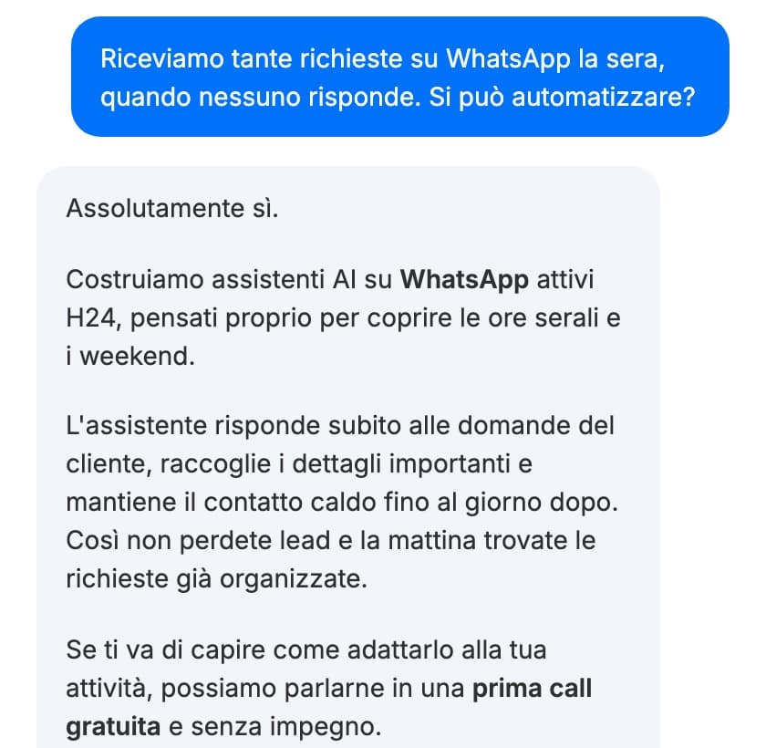 Conversazione reale con l'assistente di flylabs.ai: a una domanda sulle richieste WhatsApp serali risponde che si possono gestire H24 con un assistente AI.