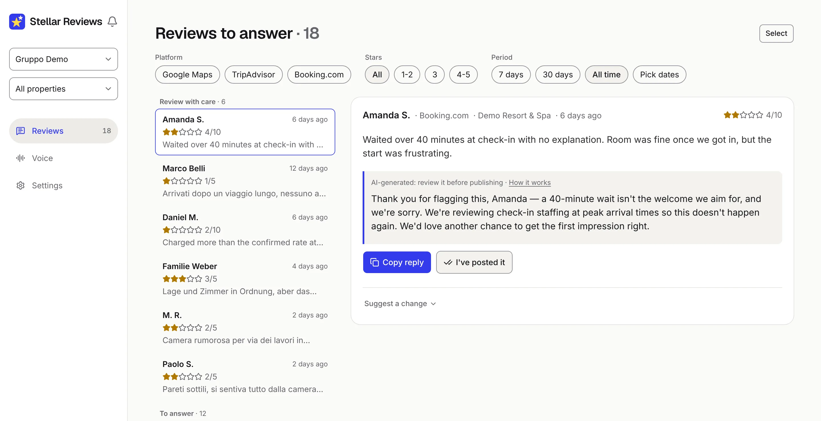 Stellar Reviews on a computer: on the left the queue of reviews to answer, on the right a Booking.com review rated 4 out of 10, about a long check-in wait, with the AI-suggested reply and the Copy reply and I've posted it buttons.