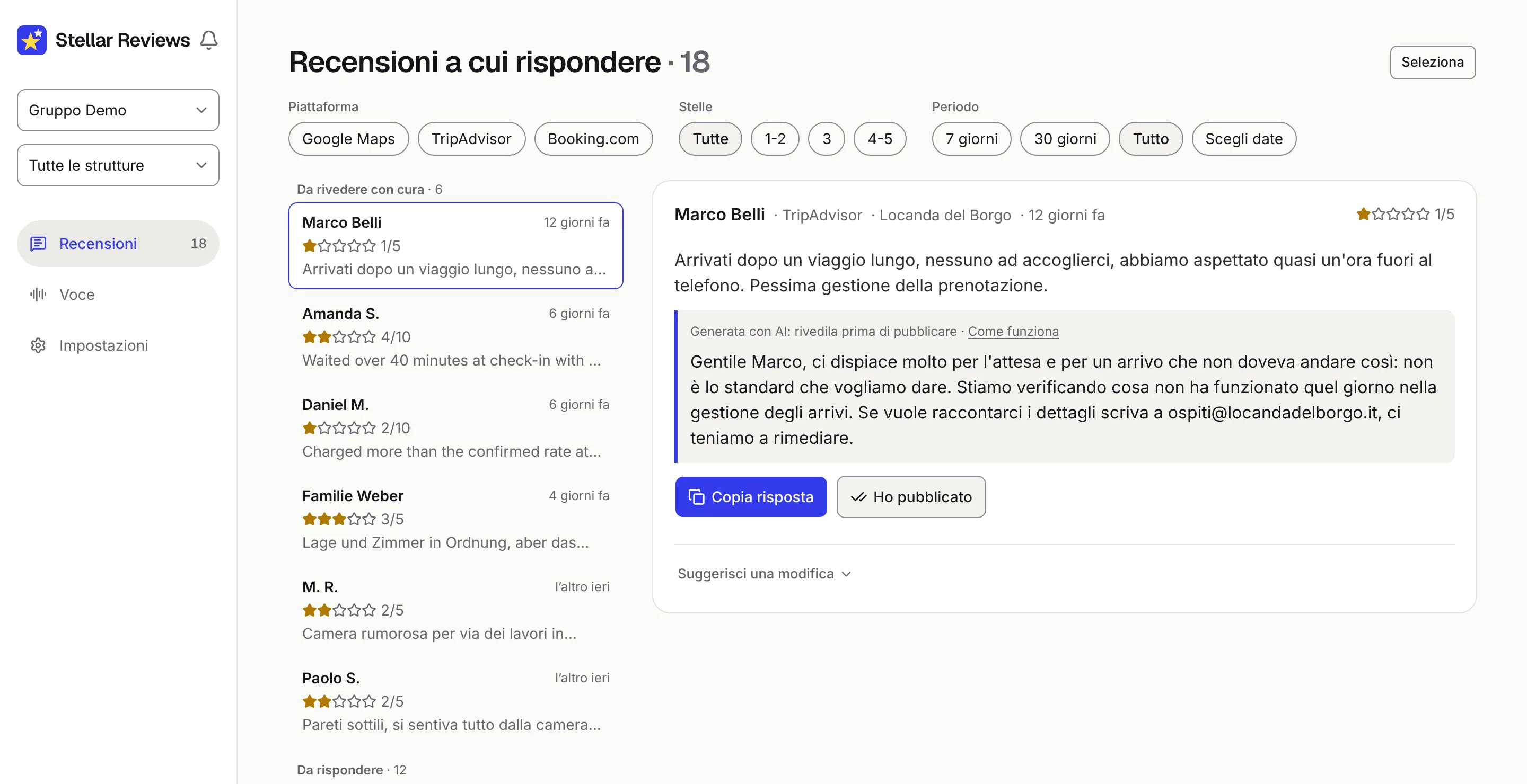 Stellar Reviews dal computer: a sinistra la coda delle recensioni a cui rispondere, a destra una recensione da una stella su TripAdvisor con la risposta proposta dall'AI e i pulsanti Copia risposta e Ho pubblicato.