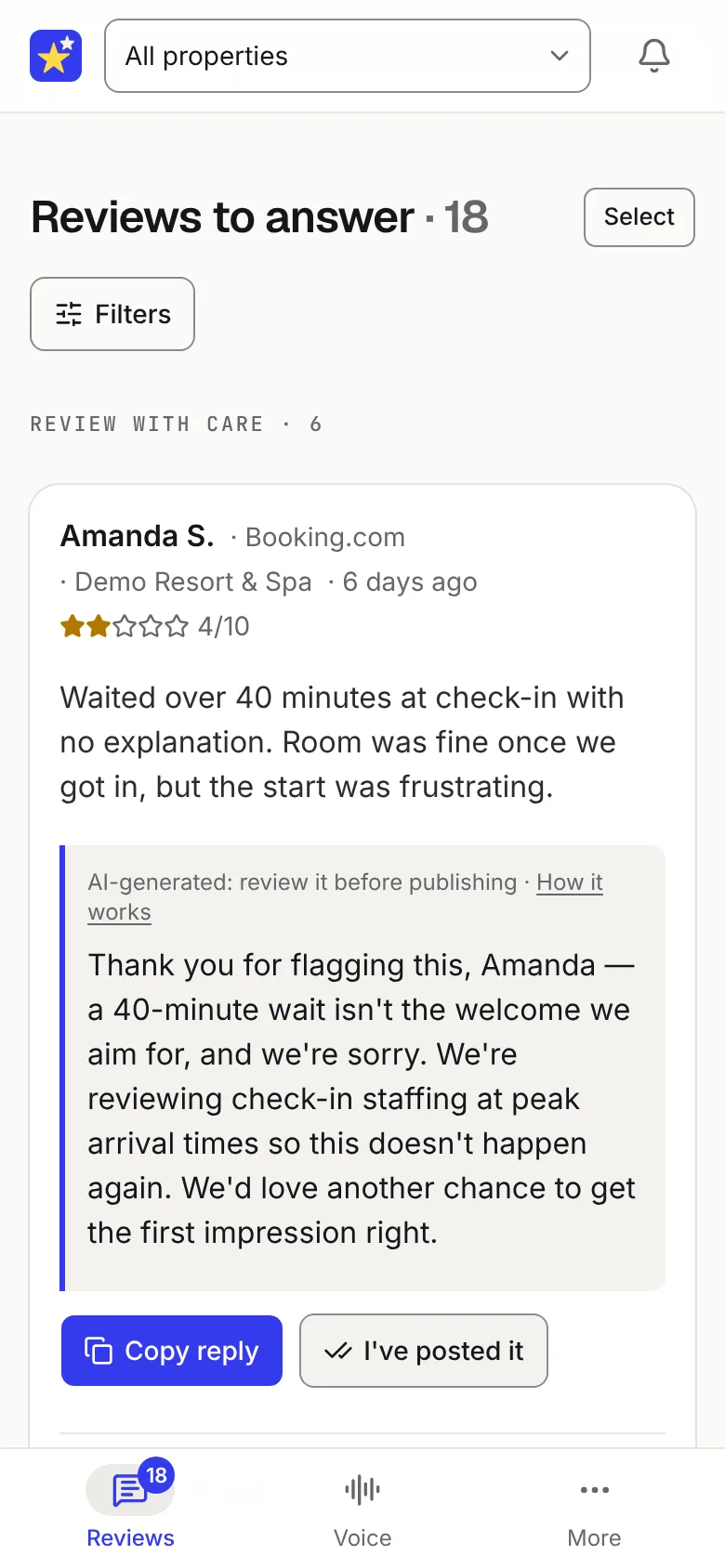 Stellar Reviews on a phone: a Booking.com review about a long check-in wait and the AI-suggested reply, to read through before publishing.