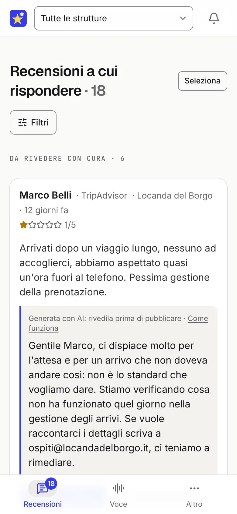Stellar Reviews dal telefono: la recensione da rivedere con cura e la risposta proposta dall'AI, da rileggere prima di pubblicarla.