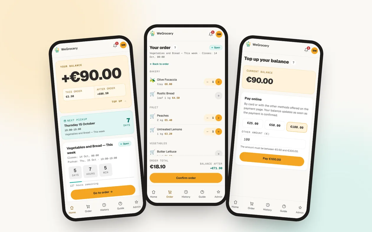 Three WeGrocery phone screens: the member's balance, the order for the open cycle and the online card top-up.