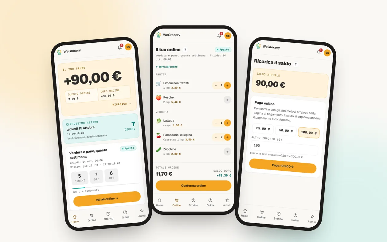 Tre schermate di WeGrocery da telefono: il saldo del socio, l'ordine del ciclo aperto e la ricarica online con carta.
