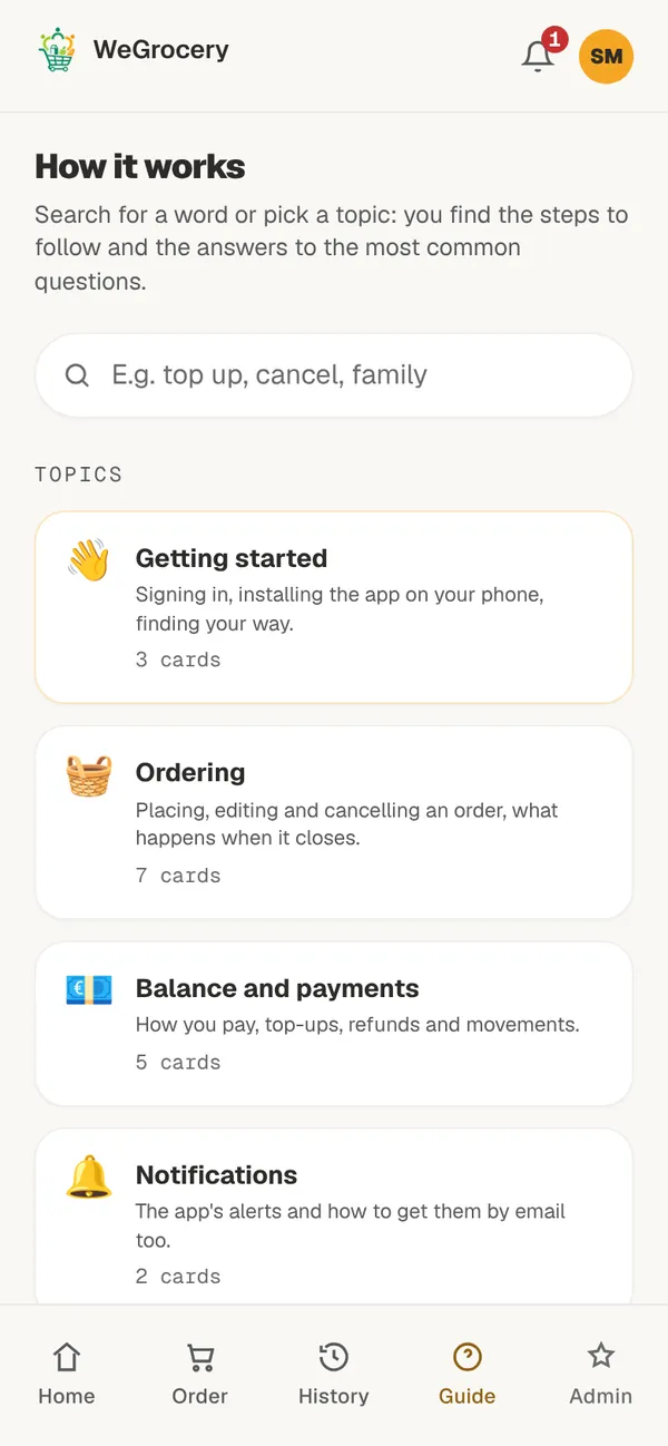 In-app guide: a search box and topics such as Getting started, Ordering, Balance and payments, Notifications.