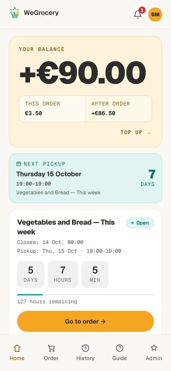 Member home: a 90 euro balance, the cost of the current order and the balance after it, next pickup in 7 days.