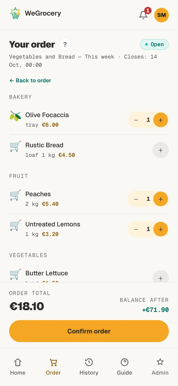 Order form: products by category with plus and minus buttons, order total and balance after the order.