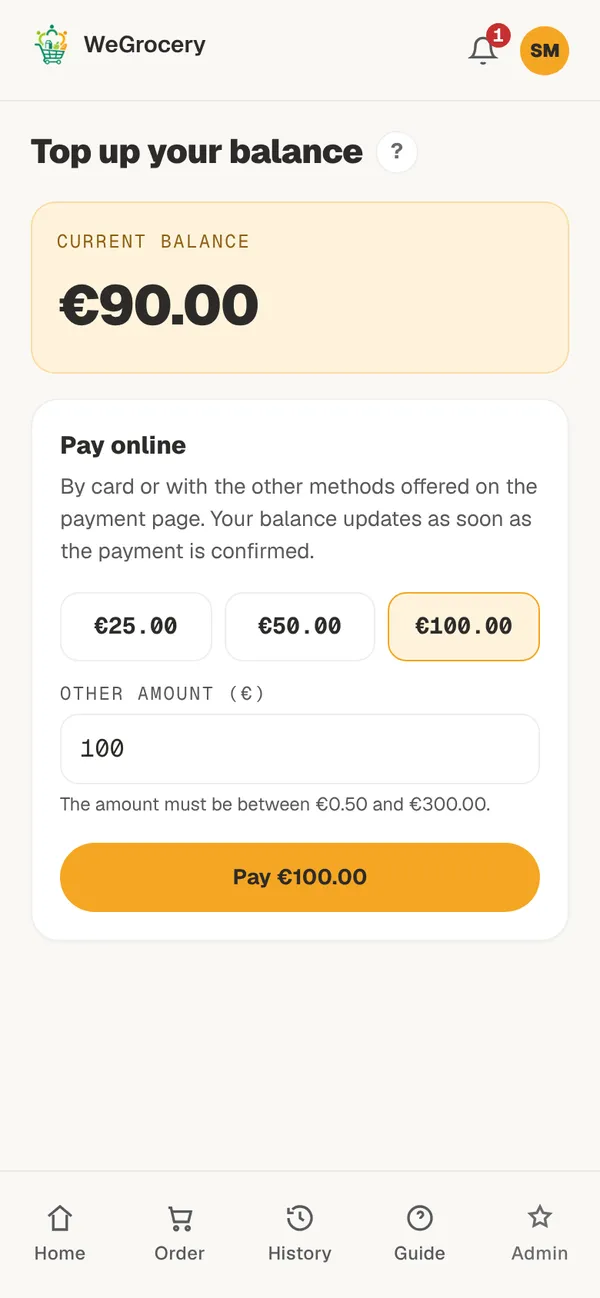 Top up your balance page: quick amounts of 25, 50 and 100 euros and the Pay button that opens Stripe checkout.