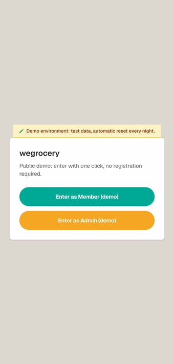 Screenshot of the WeGrocery public demo: member or admin access